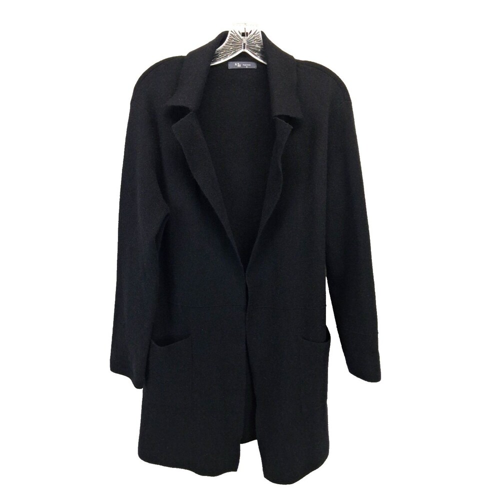 KLD Women's Black Collard Wood Blend Long Sleeve Open Front Cardigan Sweater S